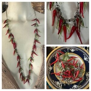Vintage Red & Green Glass Chili Peppers Long Necklace